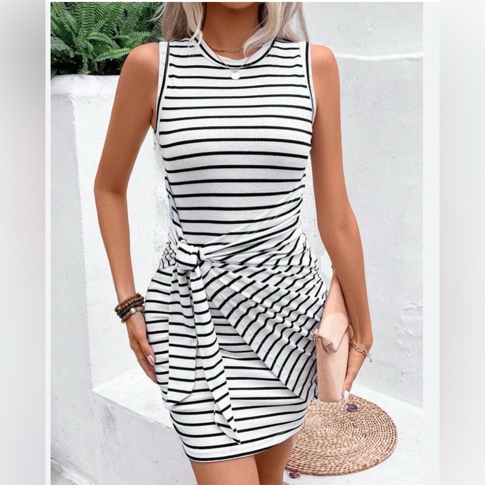 SHEIN Black and White Striped Knot-Front Mini Dress